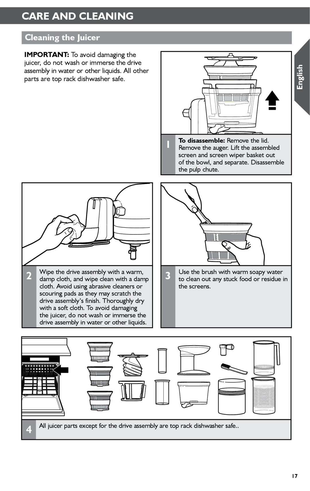 KitchenAid KSN1JA manual Care and Cleaning, Cleaning the Juicer, To disassemble Remove the lid 