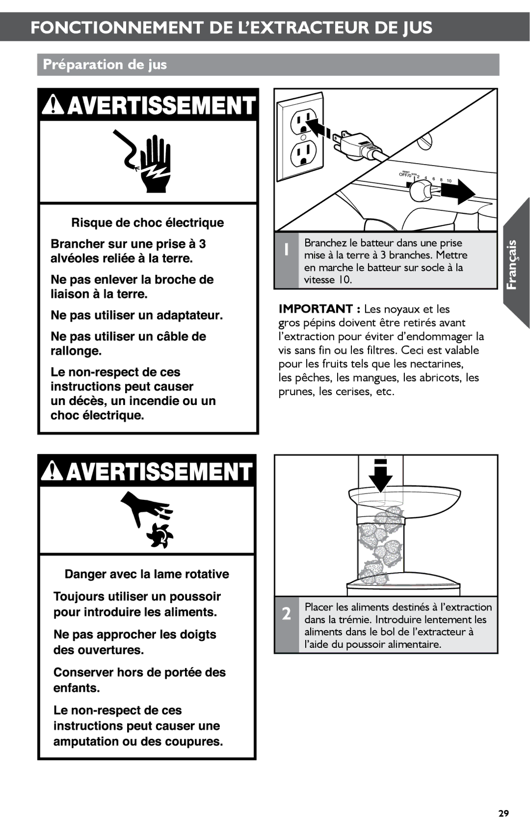 KitchenAid KSN1JA manual Fonctionnement DE L’EXTRACTEUR DE JUS, Préparation de jus 