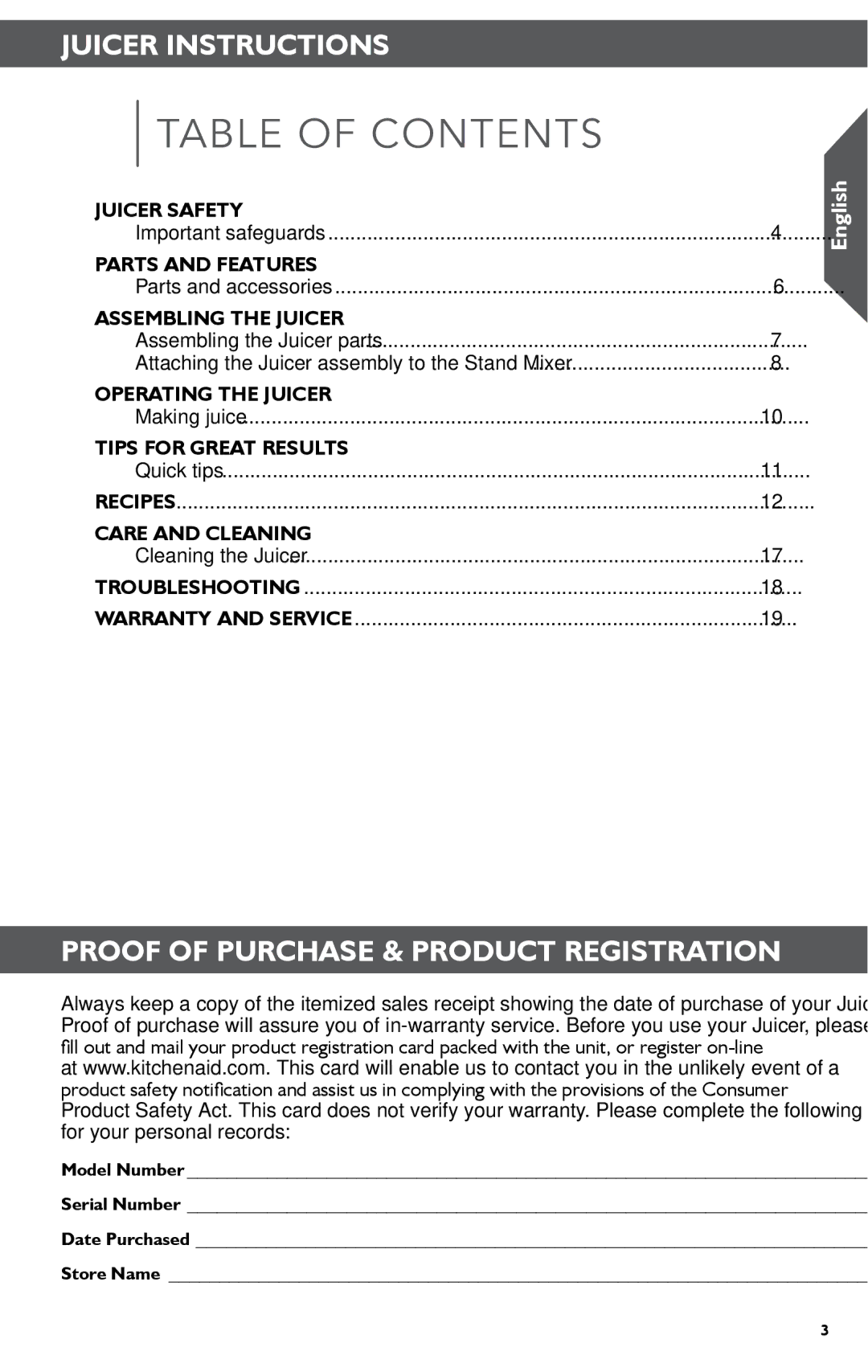 KitchenAid KSN1JA manual Table of Contents 