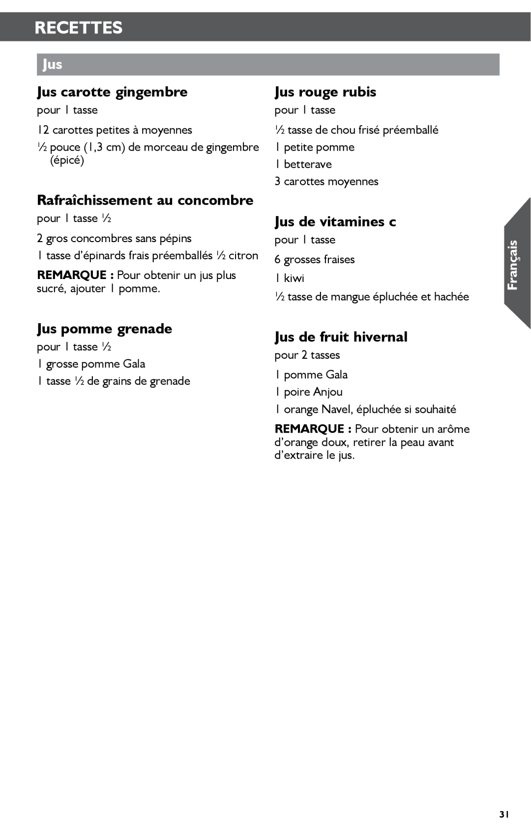 KitchenAid KSN1JA manual Recettes, Jus 