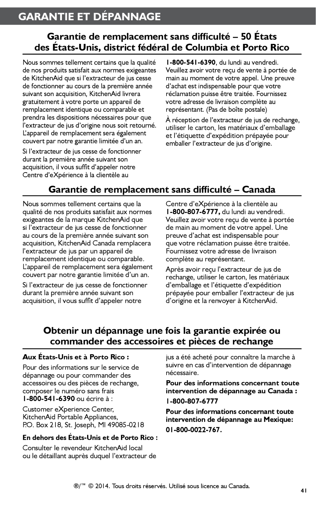 KitchenAid KSN1JA manual Centre d’eXpérience à la clientèle au, Aux États-Unis et à Porto Rico, 01-800-0022-767 