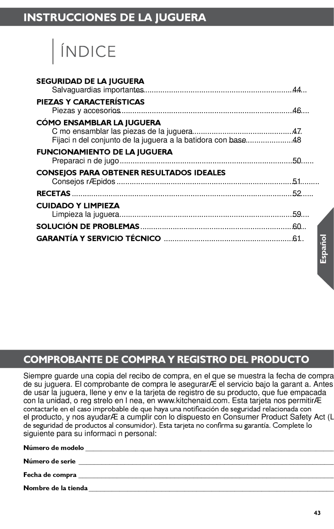 KitchenAid KSN1JA manual Instrucciones DE LA Juguera 