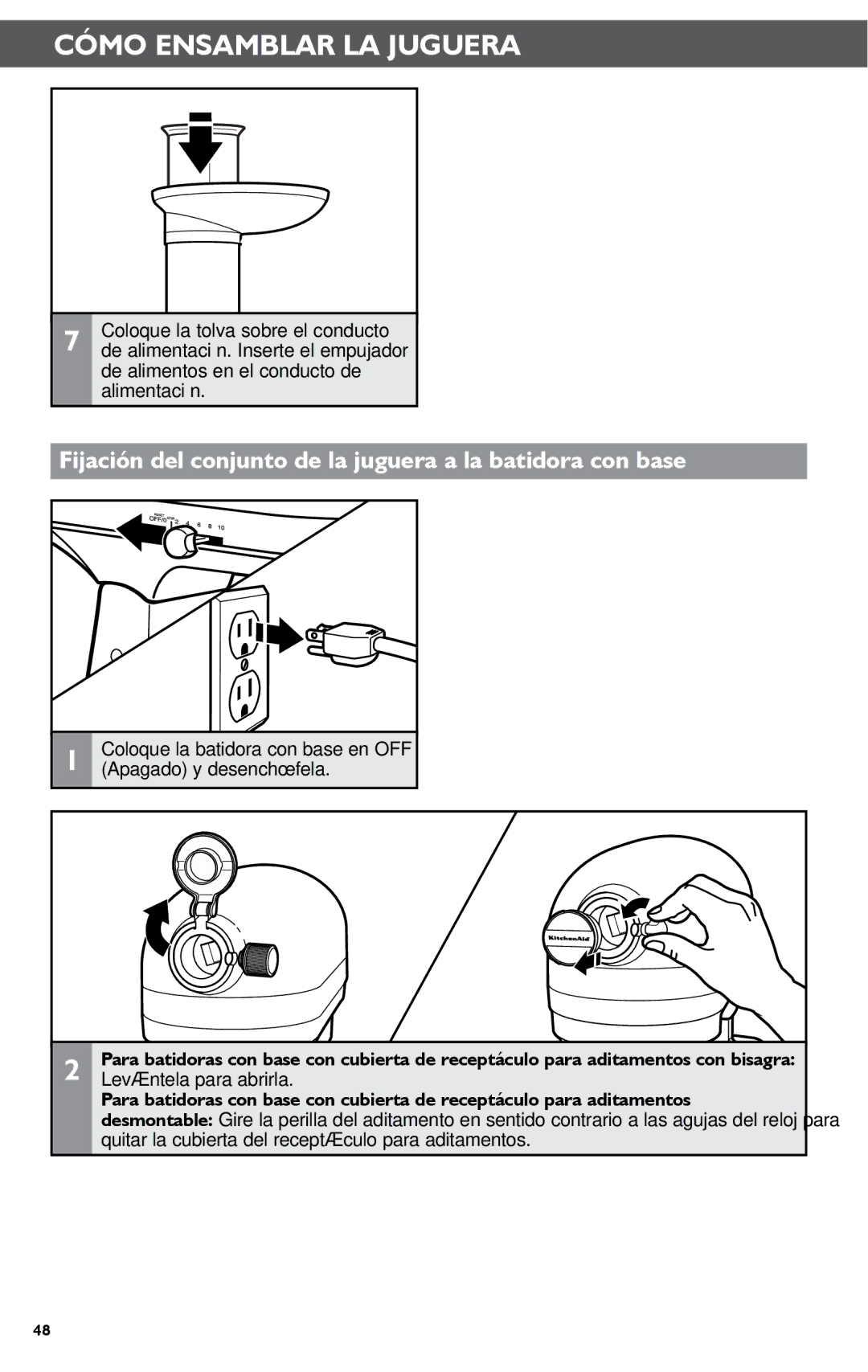 KitchenAid KSN1JA manual Fijación del conjunto de la juguera a la batidora con base 