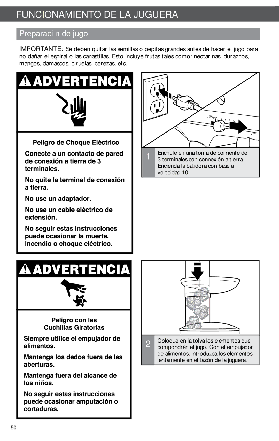 KitchenAid KSN1JA manual Funcionamiento DE LA Juguera, Preparación de jugo 