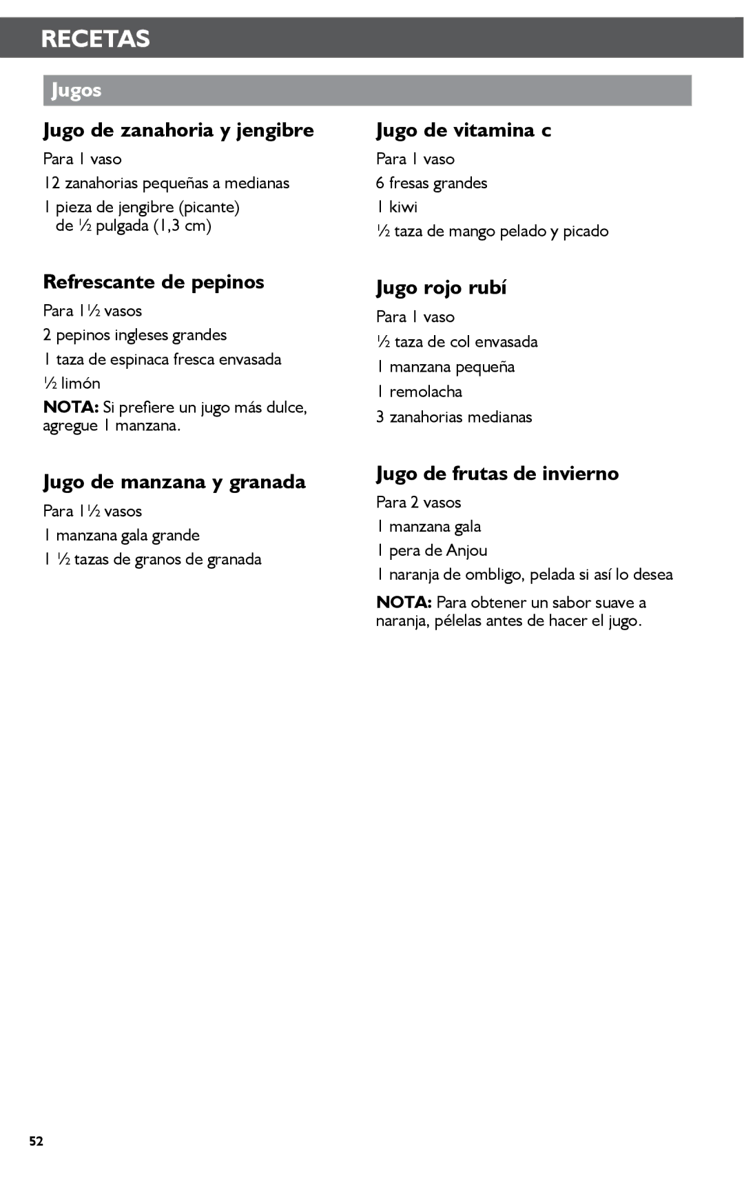 KitchenAid KSN1JA manual Recetas, Jugos 