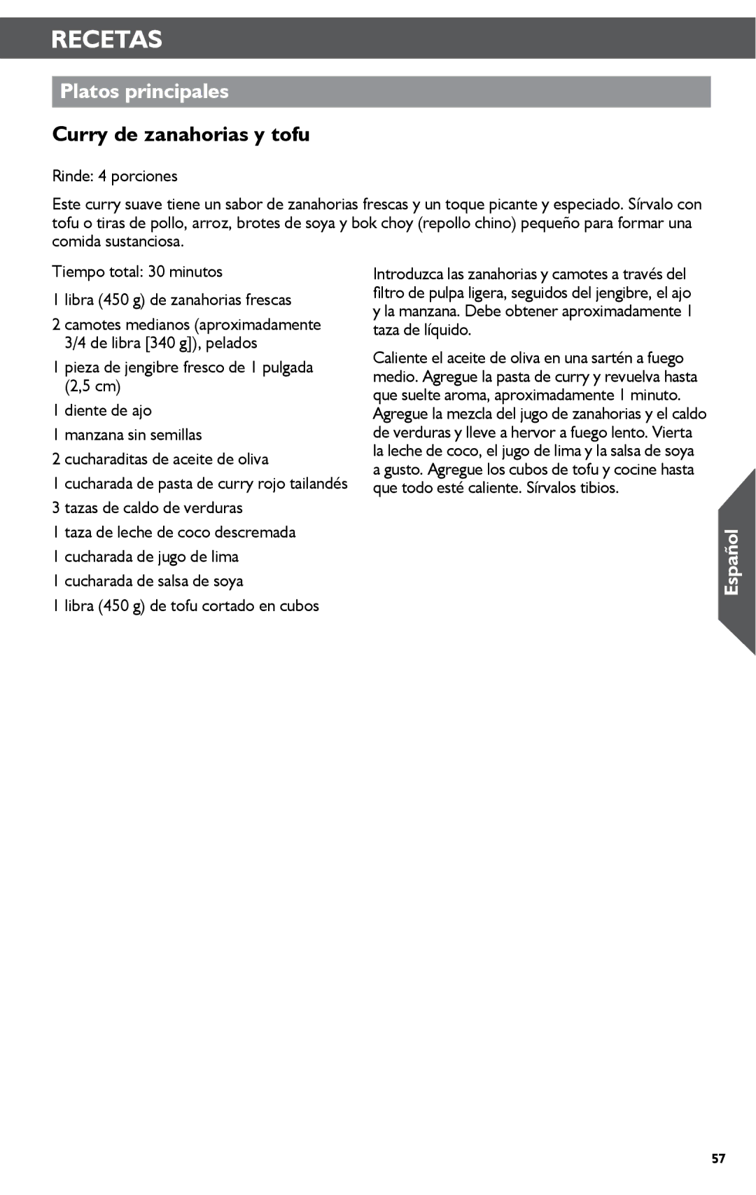 KitchenAid KSN1JA manual Platos principales, Curry de zanahorias y tofu 