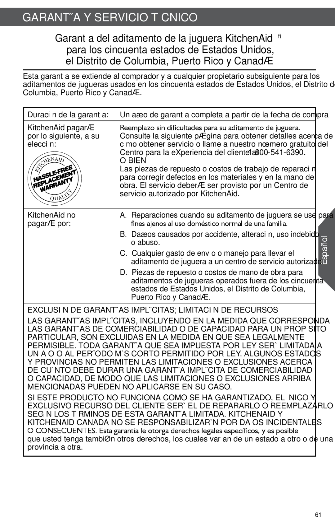 KitchenAid KSN1JA manual Garantía Y Servicio Técnico 