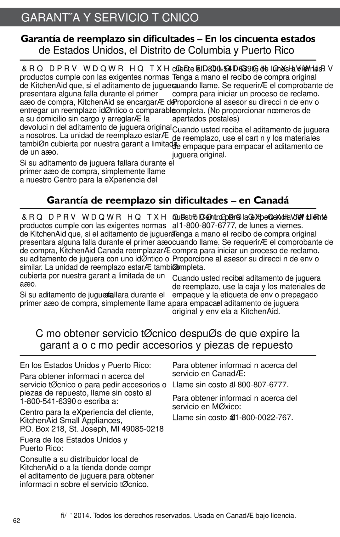 KitchenAid KSN1JA manual En los Estados Unidos y Puerto Rico, Escriba a, Fuera de los Estados Unidos y Puerto Rico 