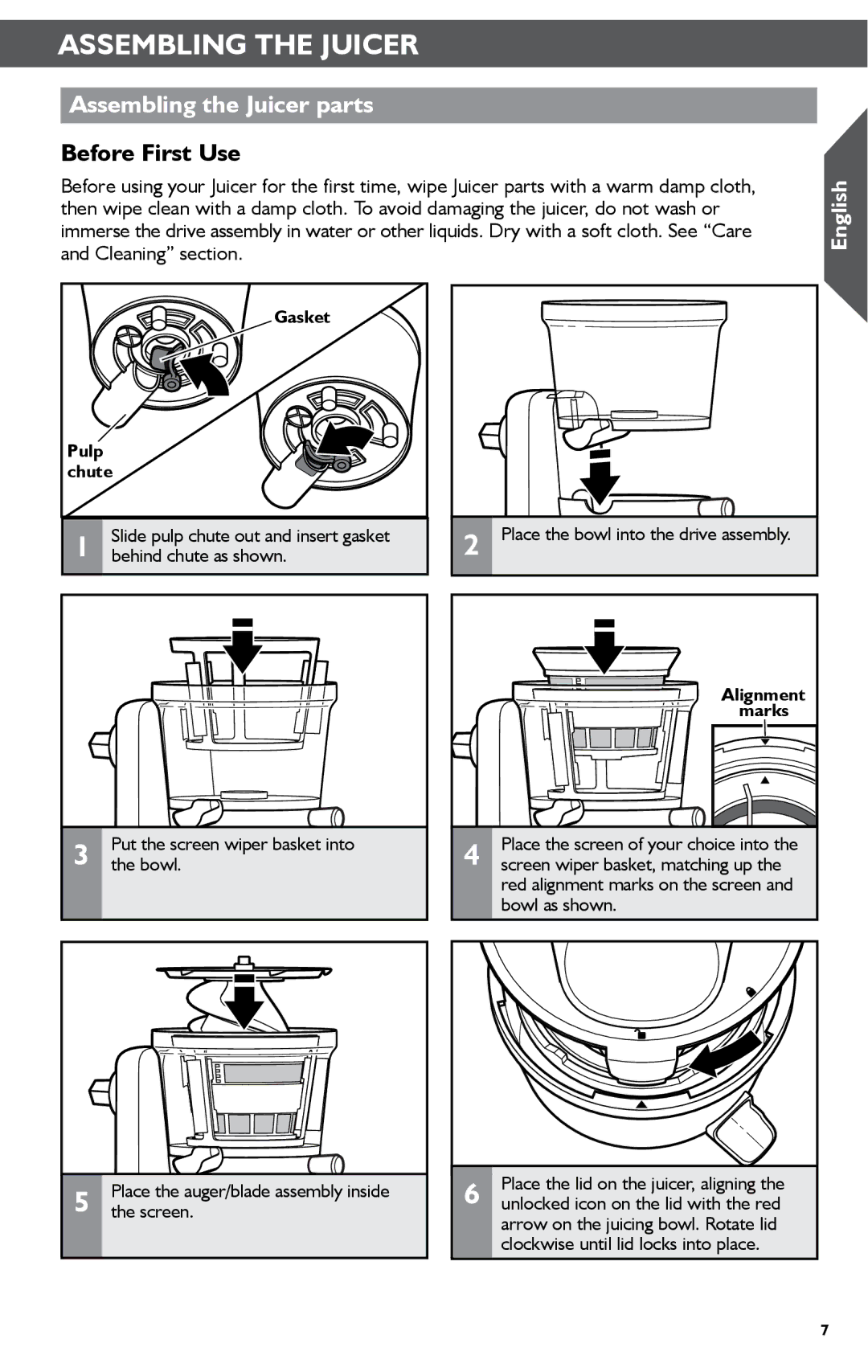 KitchenAid KSN1JA manual Assembling the Juicer parts, Before First Use 