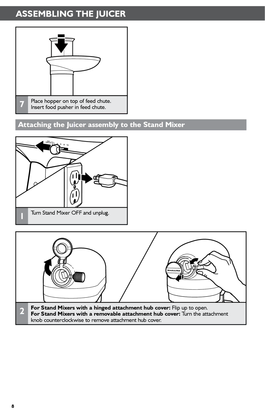 KitchenAid KSN1JA manual Attaching the Juicer assembly to the Stand Mixer, Turn Stand Mixer OFF and unplug 