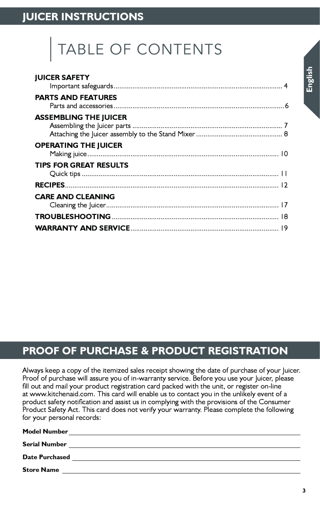 KitchenAid KSN1JA manual Juicer Instructions, Proof Of Purchase & Product Registration, English, Juicer Safety, Quick tips 