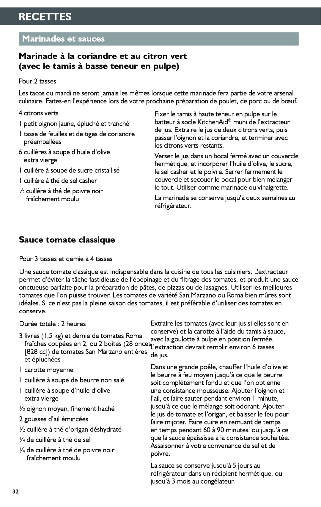 KitchenAid KSN1JA manual Marinades et sauces, Sauce tomate classique, Recettes 