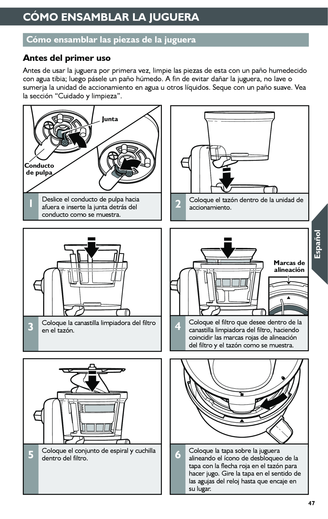 KitchenAid KSN1JA manual Cómo Ensamblar La Juguera, Cómo ensamblar las piezas de la juguera, Antes del primer uso, Español 