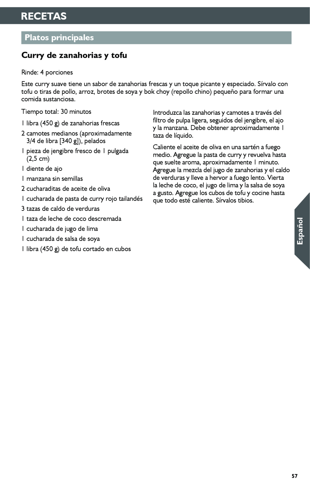 KitchenAid KSN1JA manual Platos principales, Curry de zanahorias y tofu, Recetas, Español 