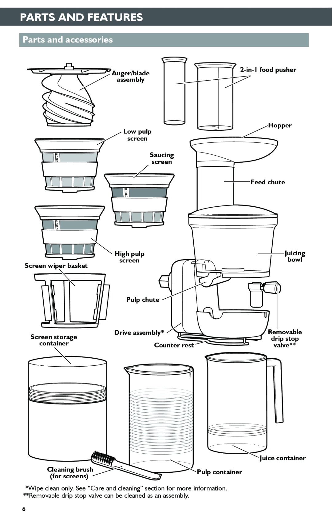 KitchenAid KSN1JA manual Parts And Features, Parts and accessories 