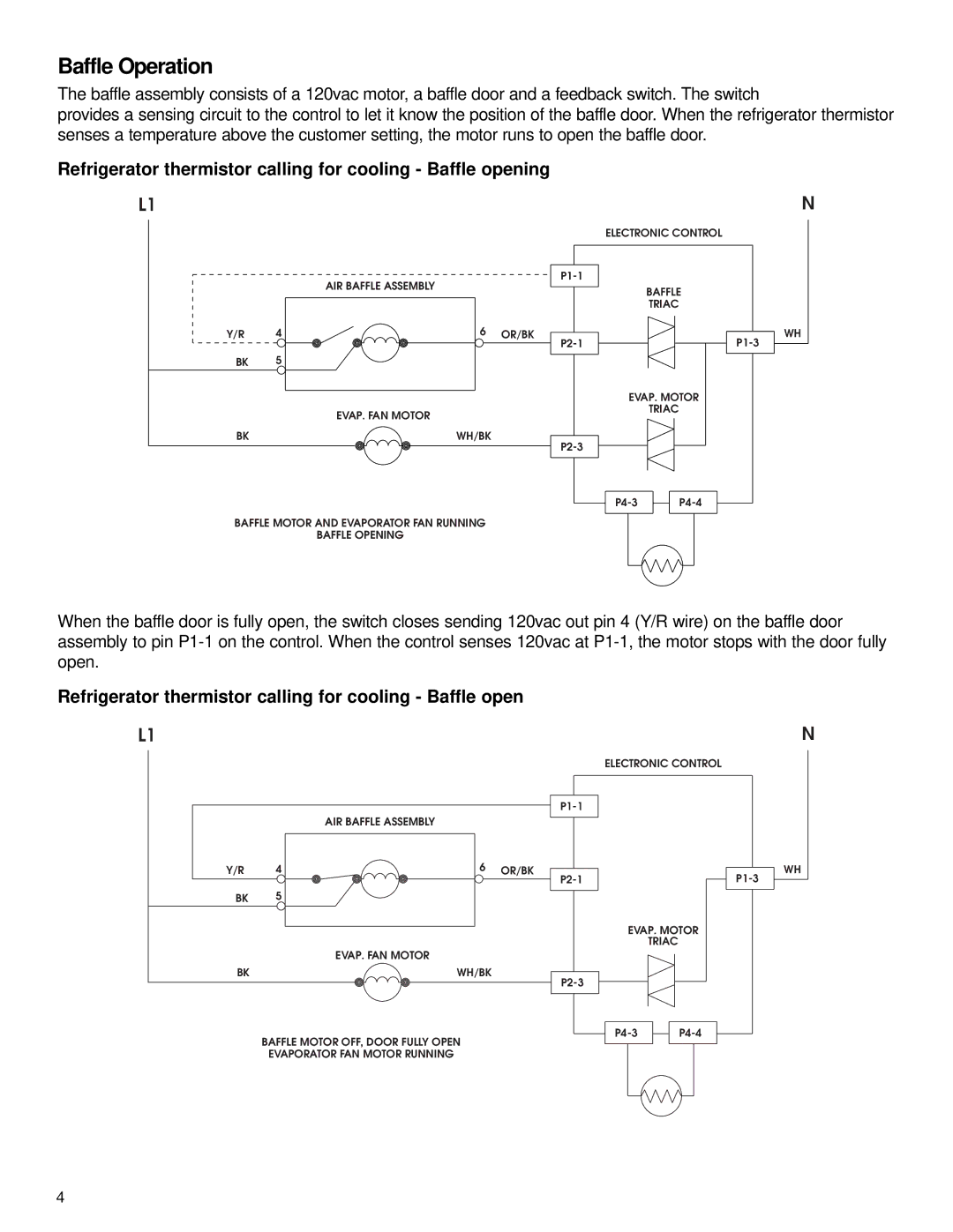 KitchenAid KSRA22FK manual Baffle Operation, Refrigerator thermistor calling for cooling Baffle opening 