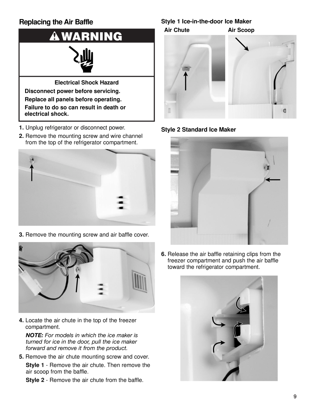 KitchenAid KSRA22FK manual Replacing the Air Baffle, Style 1 Ice-in-the-door Ice Maker, Air Chute, Air Scoop, w WARNING 