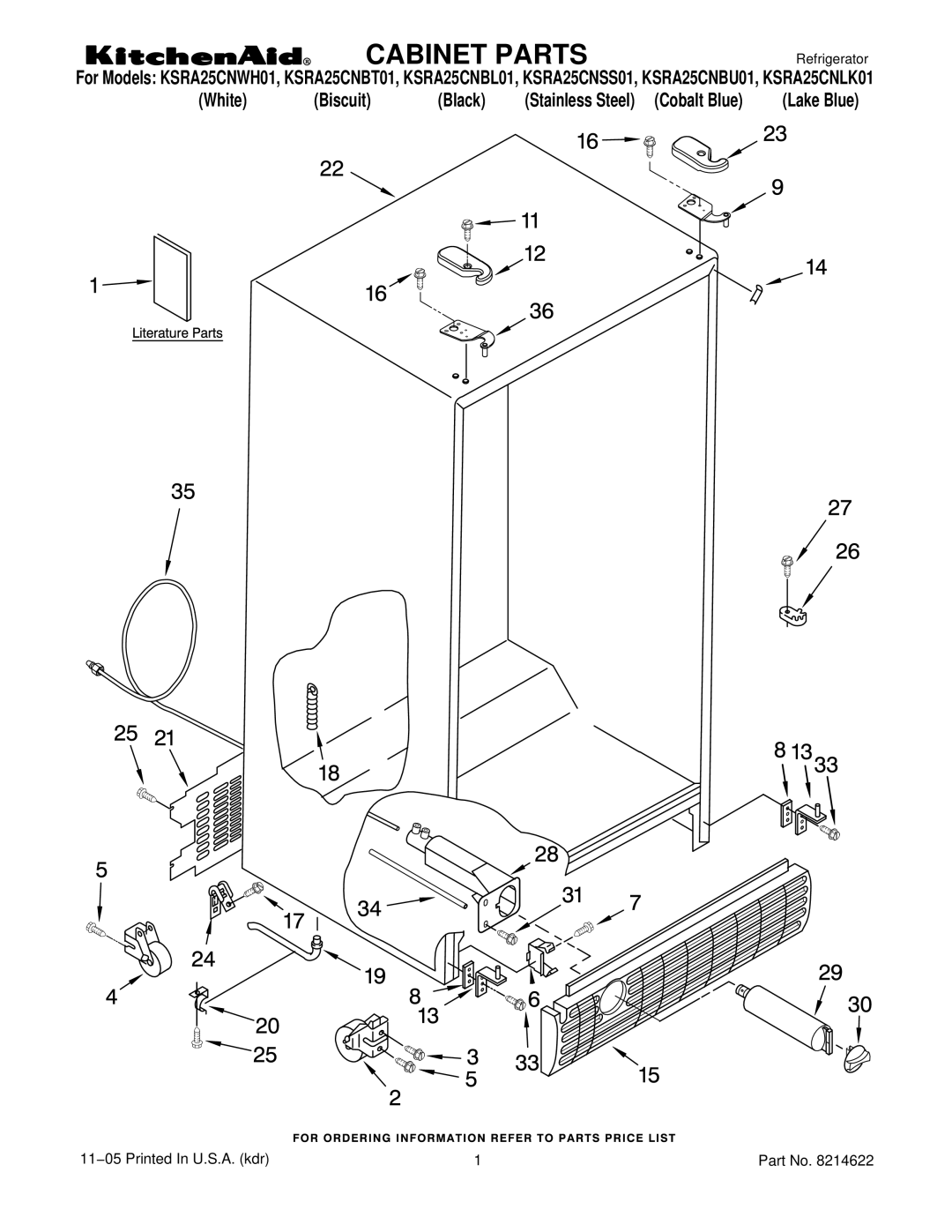 KitchenAid KSRA25CNWH01, KSRA25CNBL01, KSRA25CNLK01, KSRA25CNSS01, KSRA25CNBU01, KSRA25CNBT01 manual Cabinet Parts 