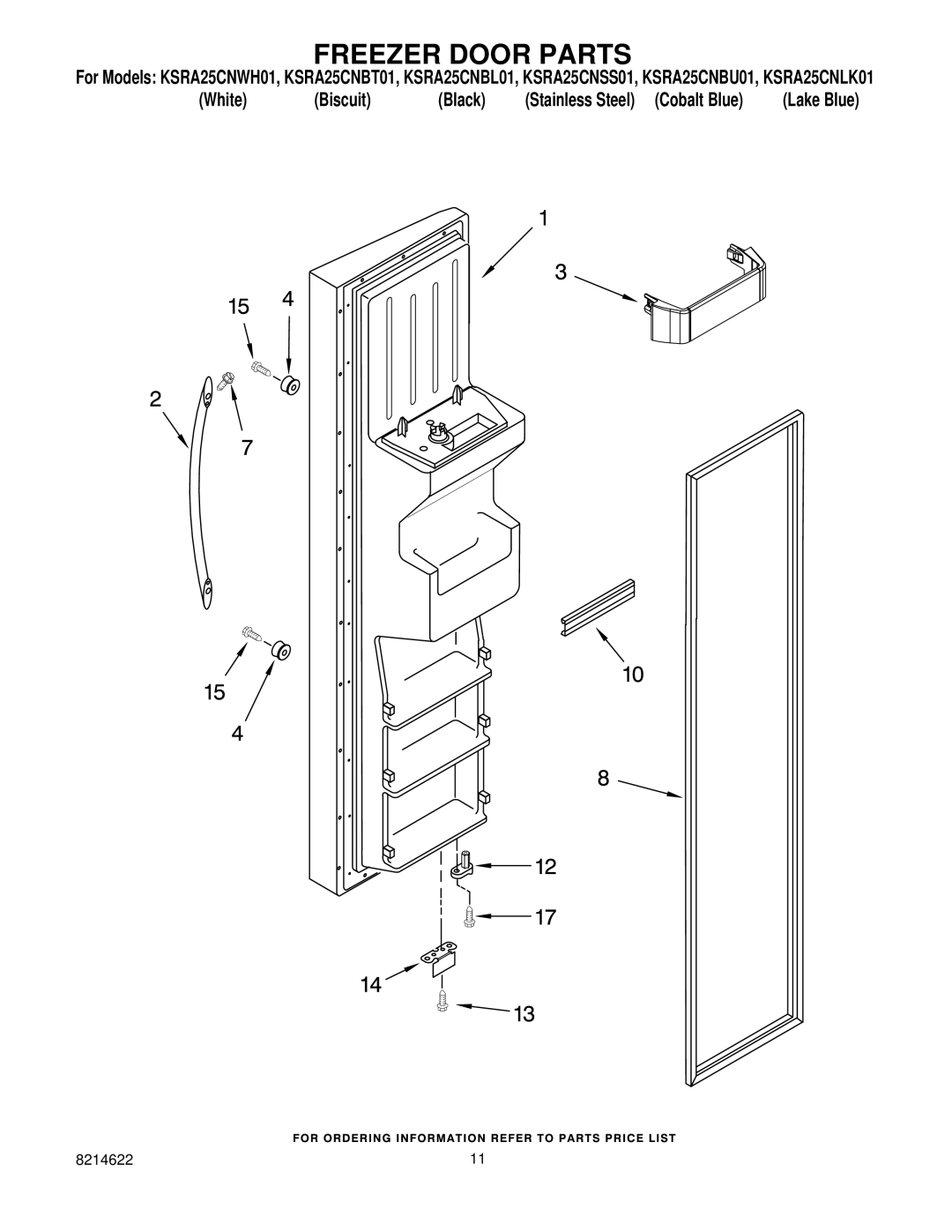 KitchenAid KSRA25CNBT01, KSRA25CNBL01, KSRA25CNWH01, KSRA25CNLK01, KSRA25CNSS01, KSRA25CNBU01 manual Freezer Door Parts 