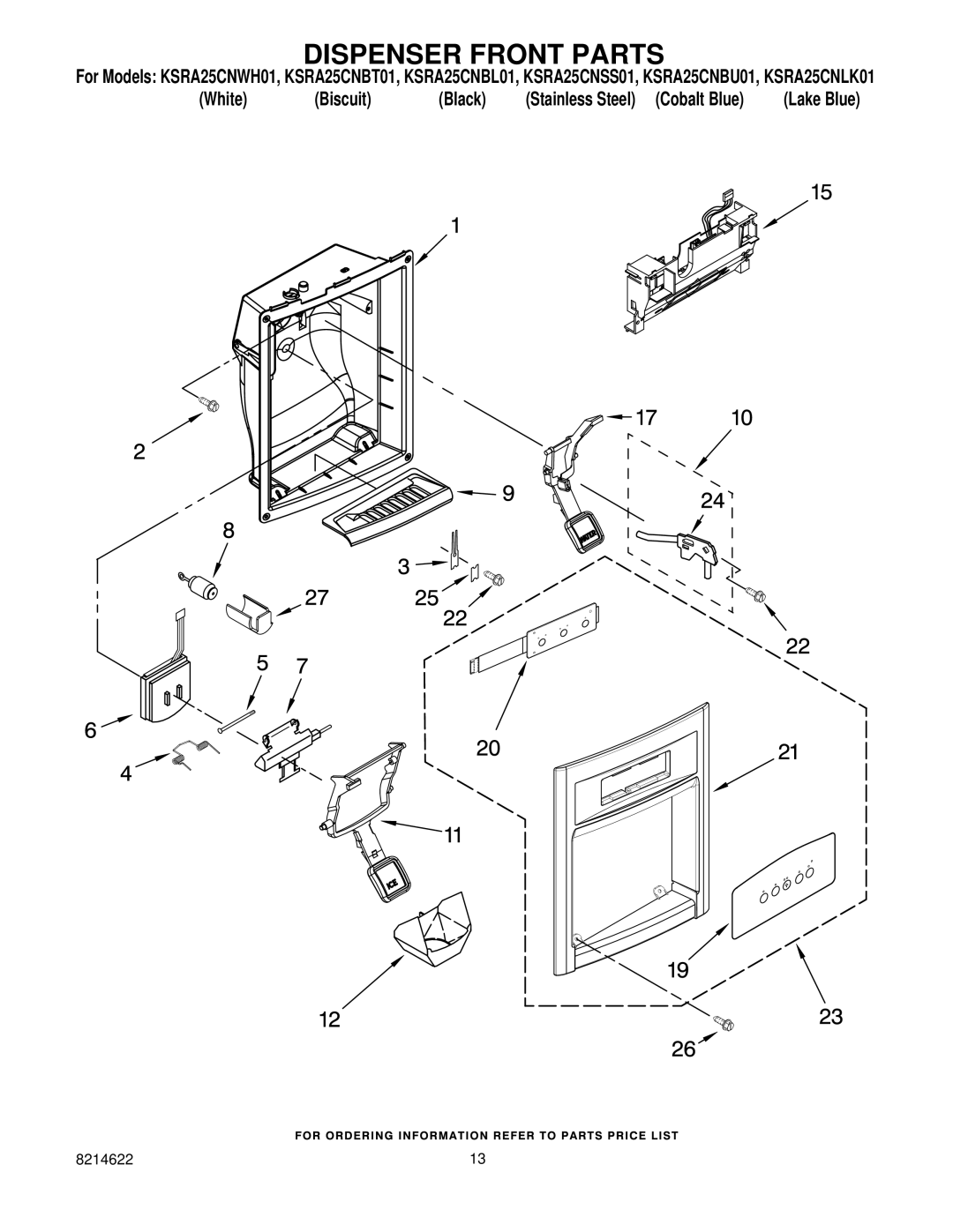 KitchenAid KSRA25CNWH01, KSRA25CNBL01, KSRA25CNLK01, KSRA25CNSS01, KSRA25CNBU01, KSRA25CNBT01 manual Dispenser Front Parts 