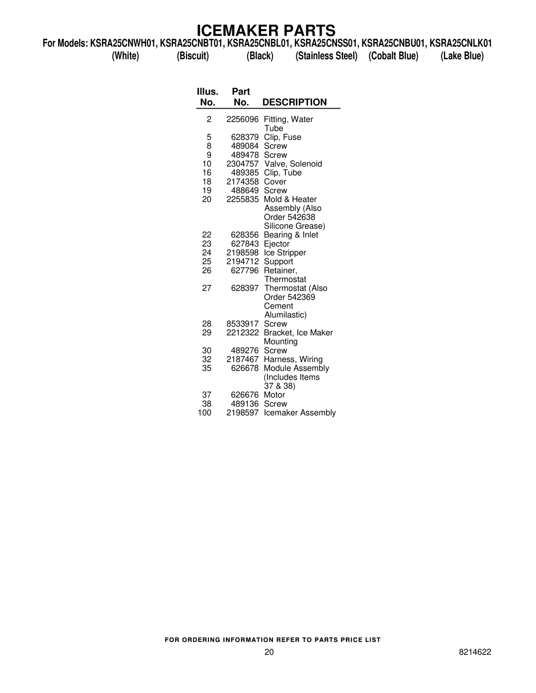 KitchenAid KSRA25CNLK01, KSRA25CNBL01, KSRA25CNWH01, KSRA25CNSS01, KSRA25CNBU01, KSRA25CNBT01 manual Illus Part No. Description 