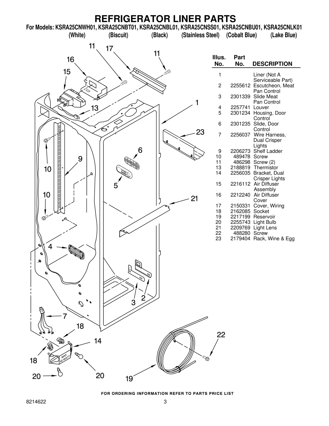 KitchenAid KSRA25CNSS01, KSRA25CNBL01, KSRA25CNWH01, KSRA25CNLK01, KSRA25CNBU01 manual Refrigerator Liner Parts, Cobalt Blue 