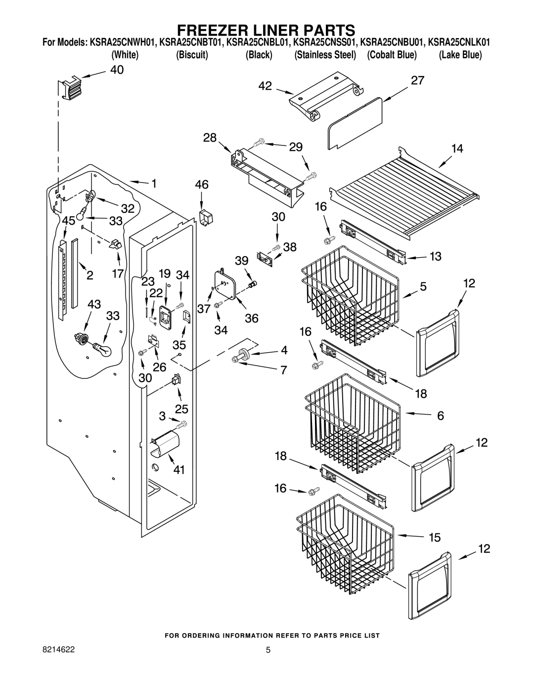 KitchenAid KSRA25CNBT01, KSRA25CNBL01, KSRA25CNWH01, KSRA25CNLK01, KSRA25CNSS01, KSRA25CNBU01 manual Freezer Liner Parts 