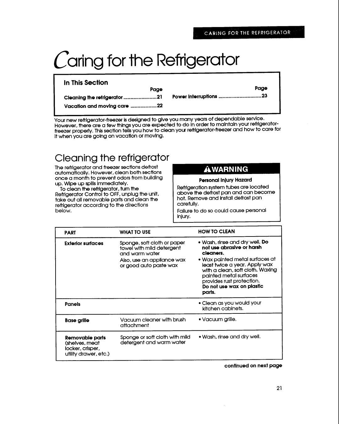 KitchenAid KSRB25Q, KSHS22Q, KSPB22Q, KSRB22Q, KSPS22Q manual Aring for the Refrigerator, Cleaning Refrigerator, This Section 