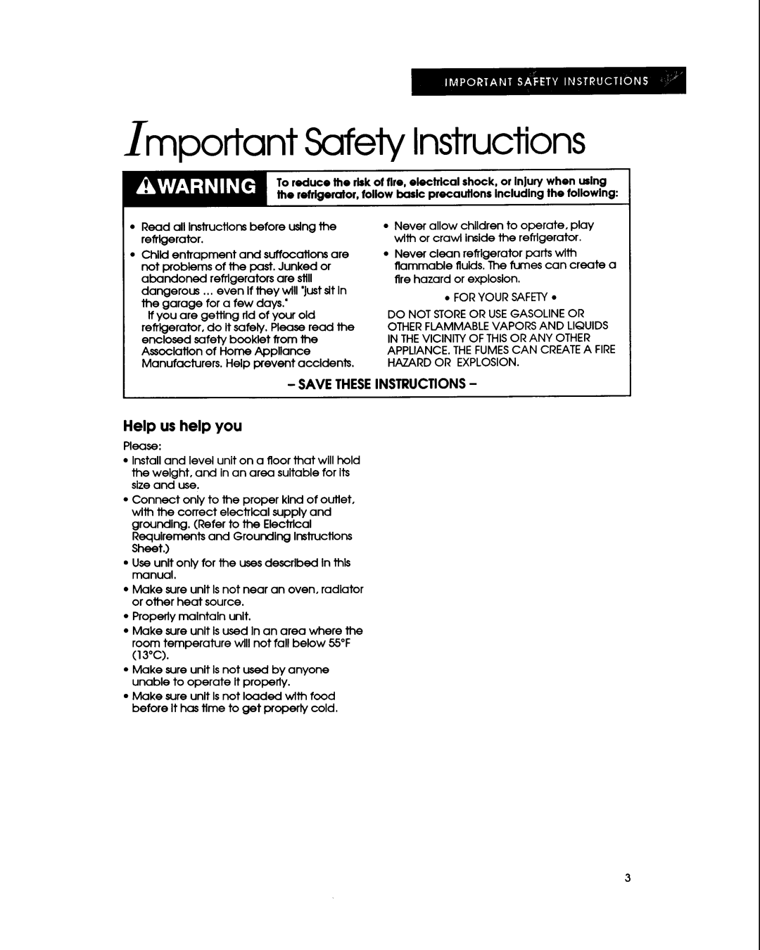 KitchenAid KSRB22Q, KSRB25Q, KSHS22Q, KSPB22Q, KSPS22Q, KSRS22Q manual Important Safety Instructions, Help us help you, Please 