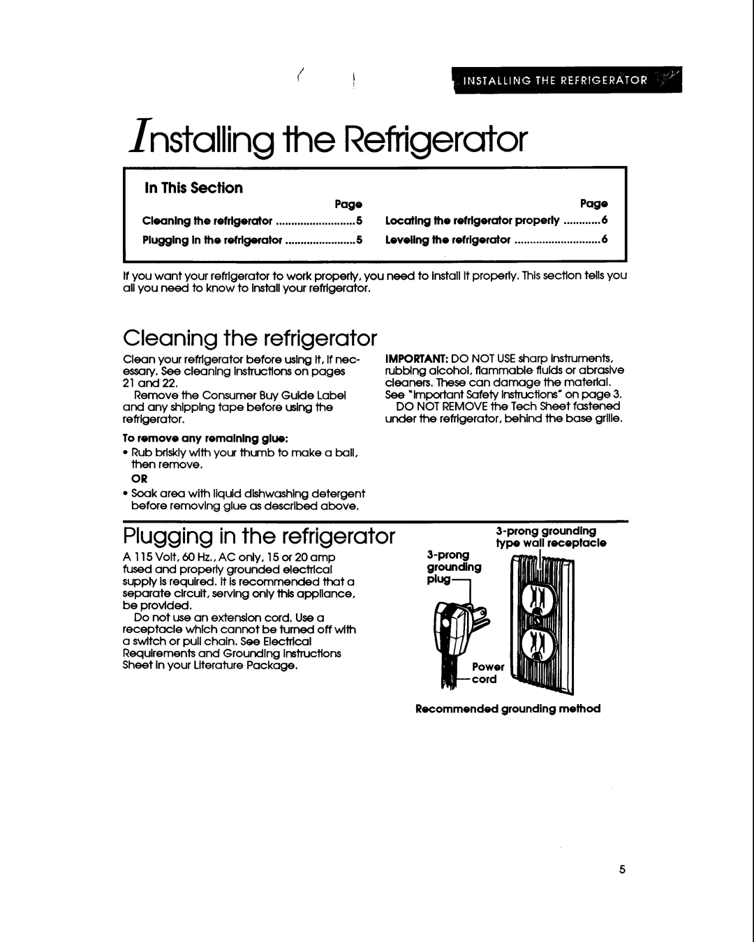 KitchenAid KSRS22Q Installing the Refrigerator, Cleaning the refrigerator, Plugging in the refrigerator, This Section 