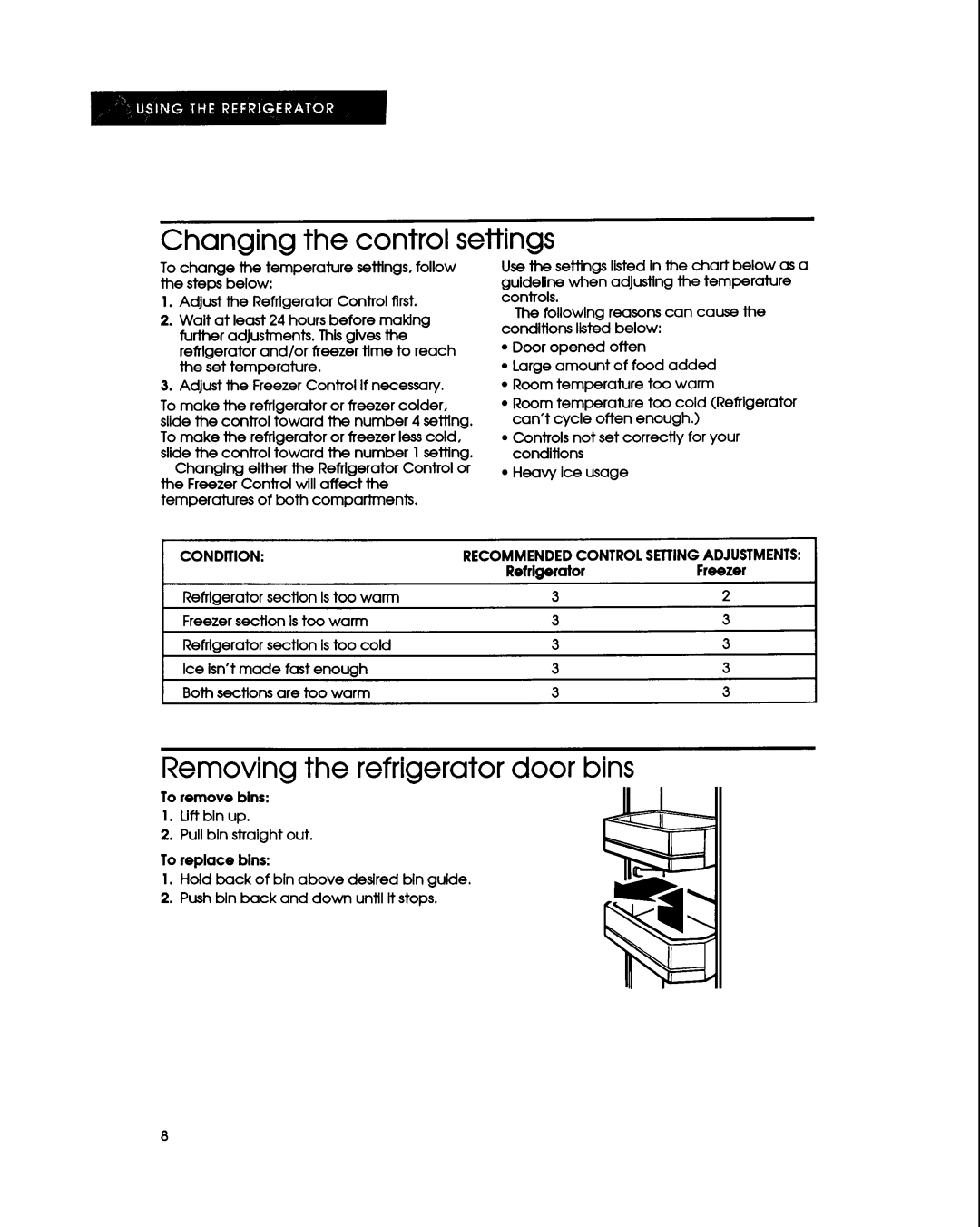 KitchenAid KSHS22Q Changing the control settings, Removing the refrigerator door bins, RefrlgeratorFreezer, To remove bins 