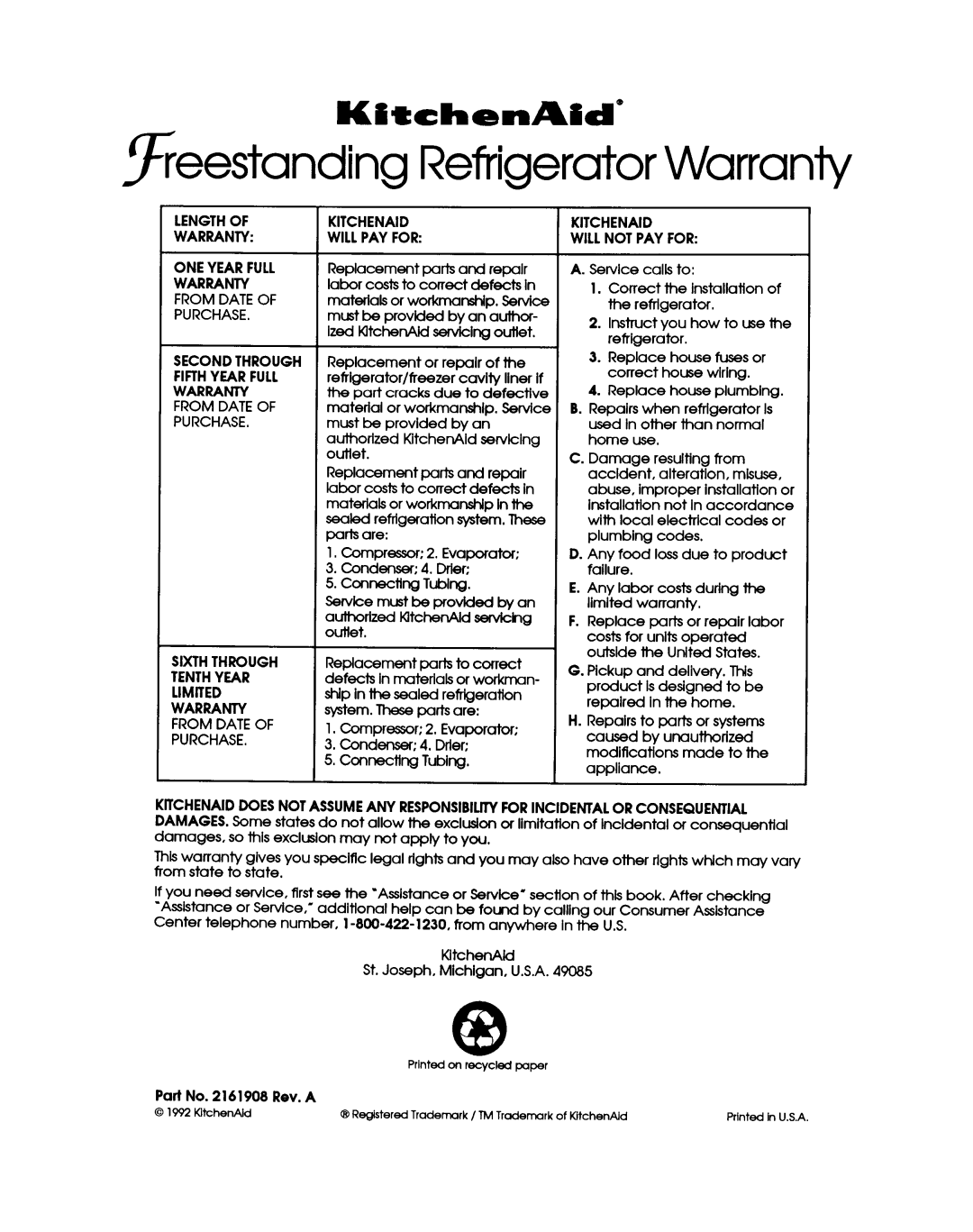 KitchenAid KSRC22D manual 