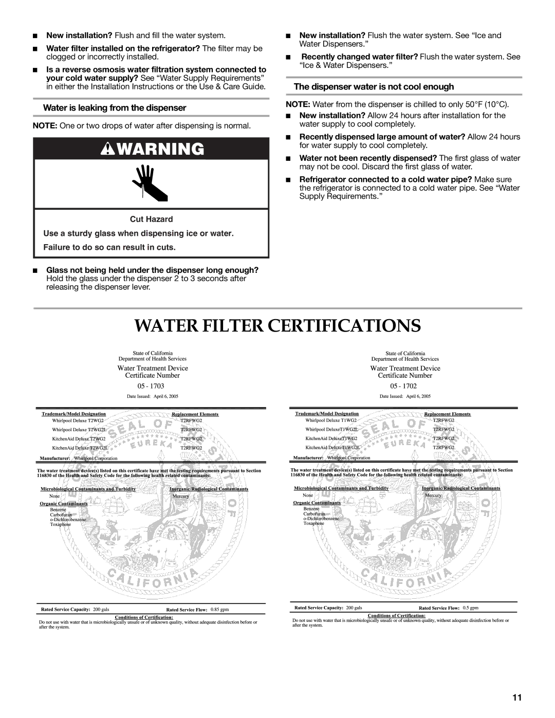 KitchenAid KSRT25CRBL00, KSRF25FRWH01, KSRF25FRBL00 warranty Water Filter Certifications, Water is leaking from the dispenser 