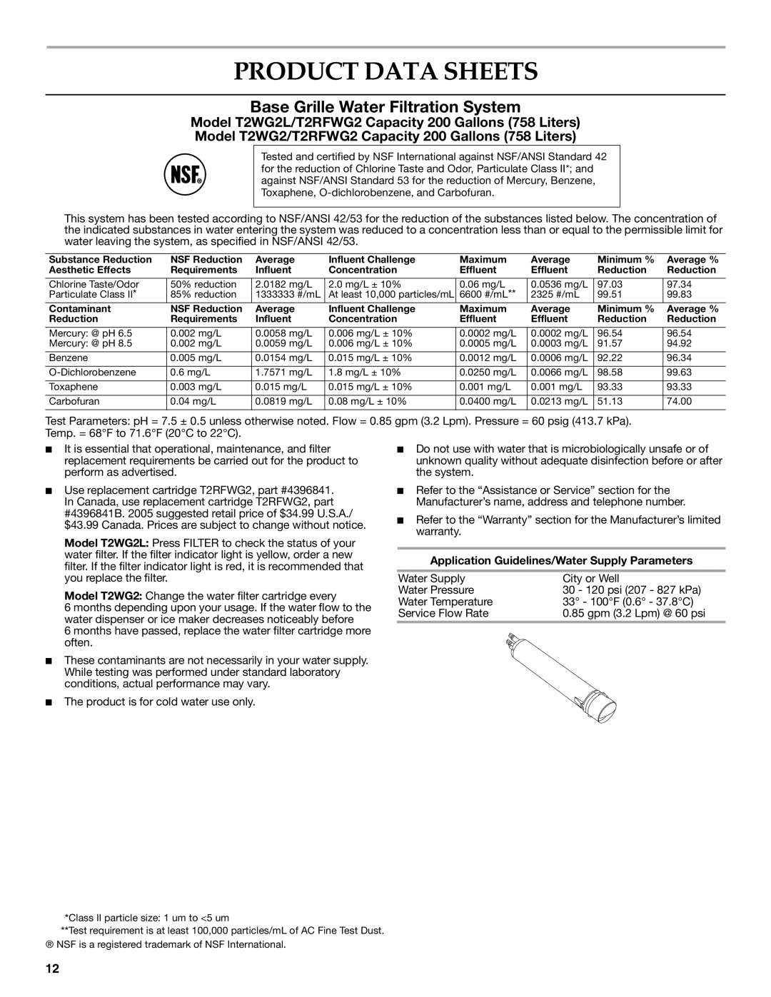 KitchenAid KSRT25CRSS00, KSRF25FRWH01, KSRF25FRBL00 Product Data Sheets, Application Guidelines/Water Supply Parameters 