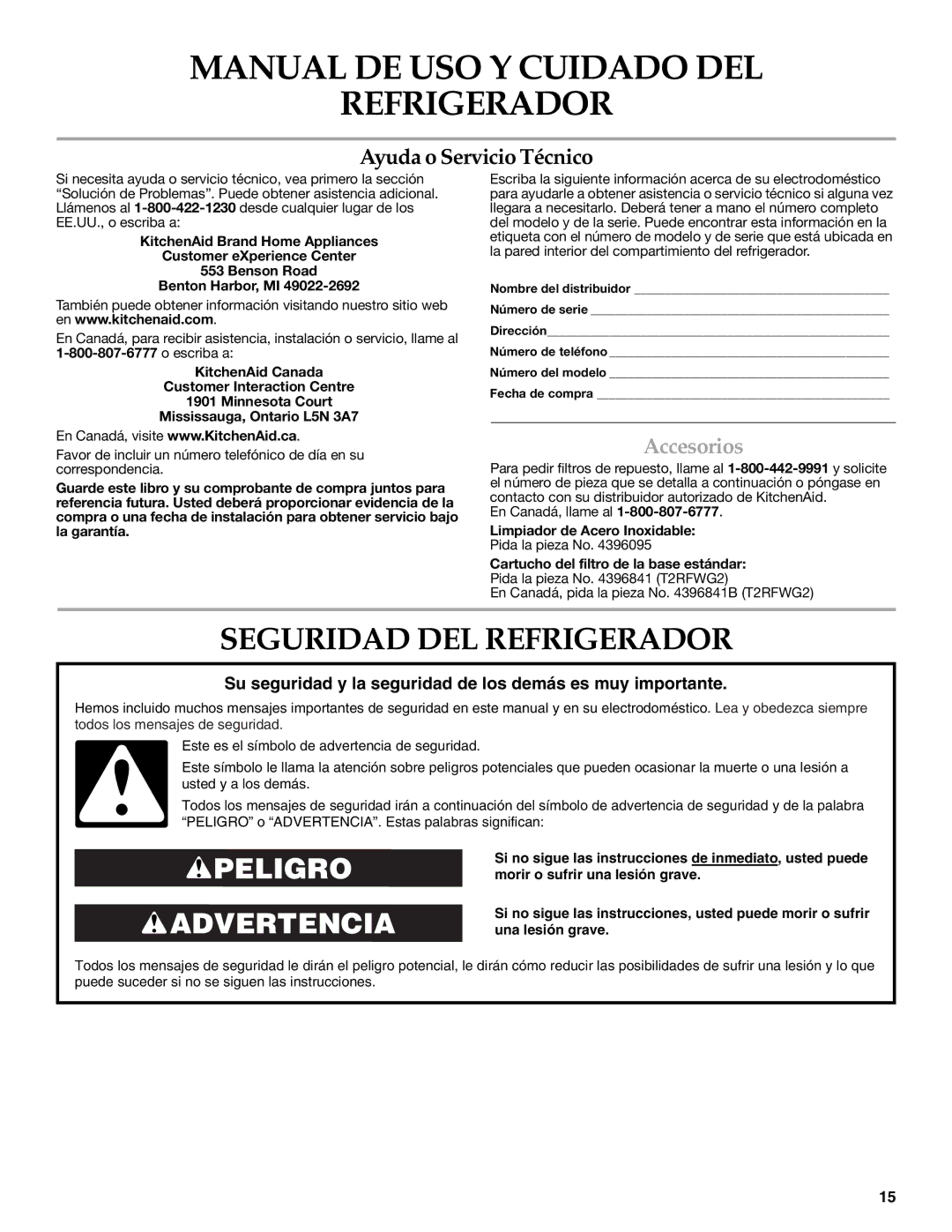 KitchenAid 2308392, KSRF25FRWH01, KSRF25FRBL00 warranty Seguridad DEL Refrigerador, Accesorios, Limpiador de Acero Inoxidable 