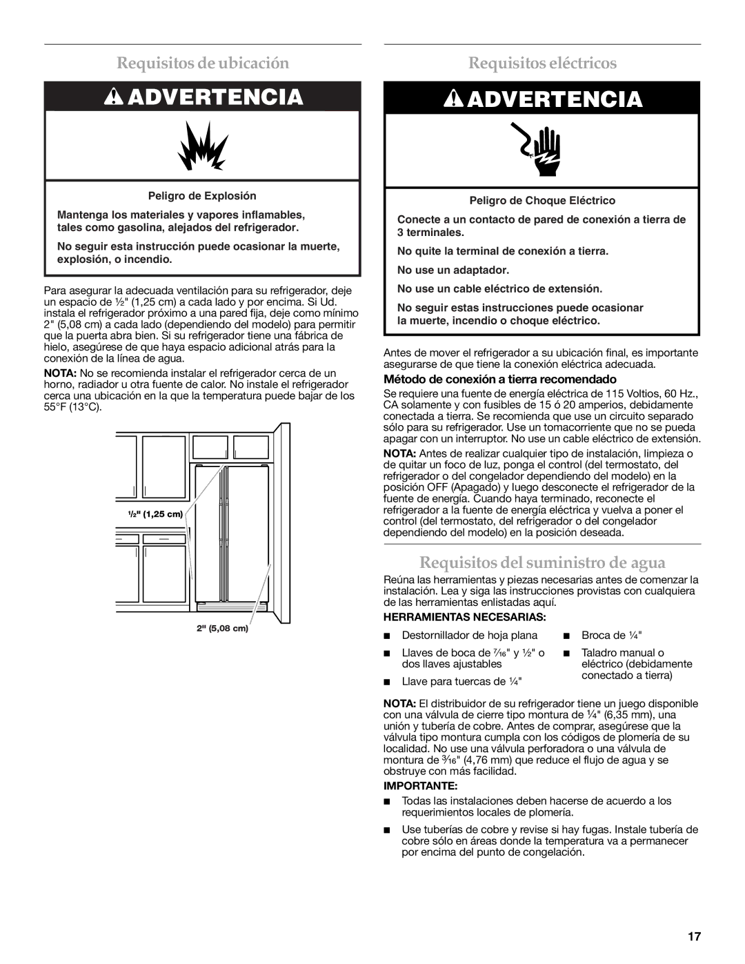 KitchenAid KSRF25FRBL00, KSRF25FRWH01 Requisitos de ubicación, Requisitos eléctricos, Requisitos del suministro de agua 