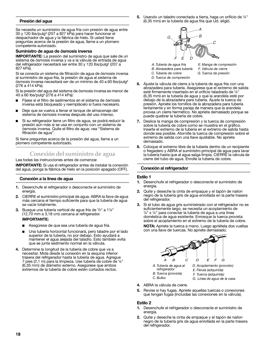 KitchenAid KSRF25FRWH00, 2308392 Conexión del suministro de agua, Presión del agua, Suministro de agua de ósmosis inversa 