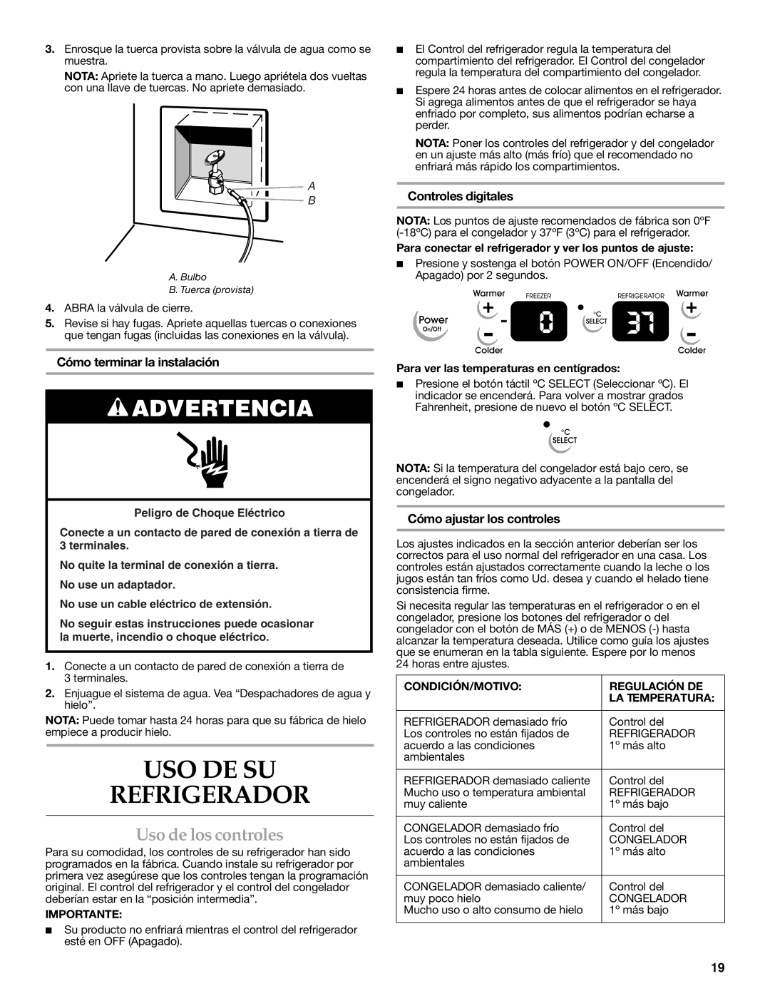 KitchenAid KSRF25FRBT01 USO DE SU Refrigerador, Uso de los controles, Cómo terminar la instalación, Controles digitales 