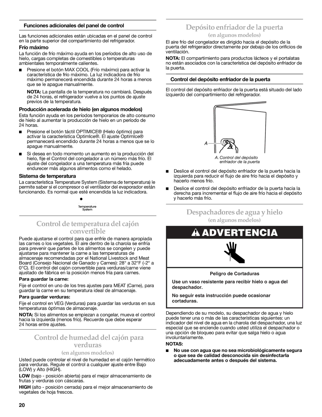 KitchenAid KSRF25FRBL01, KSRF25FRWH01 warranty Depósito enfriador de la puerta, Control de temperatura del cajón Convertible 