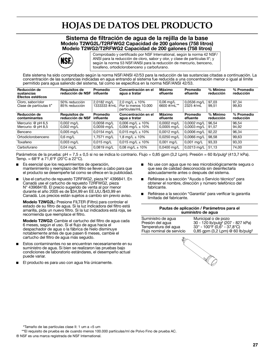 KitchenAid KSRT25CRBL00, 2308392 Hojas DE Datos DEL Producto, Pautas de aplicación / Parámetros para el Suministro de agua 