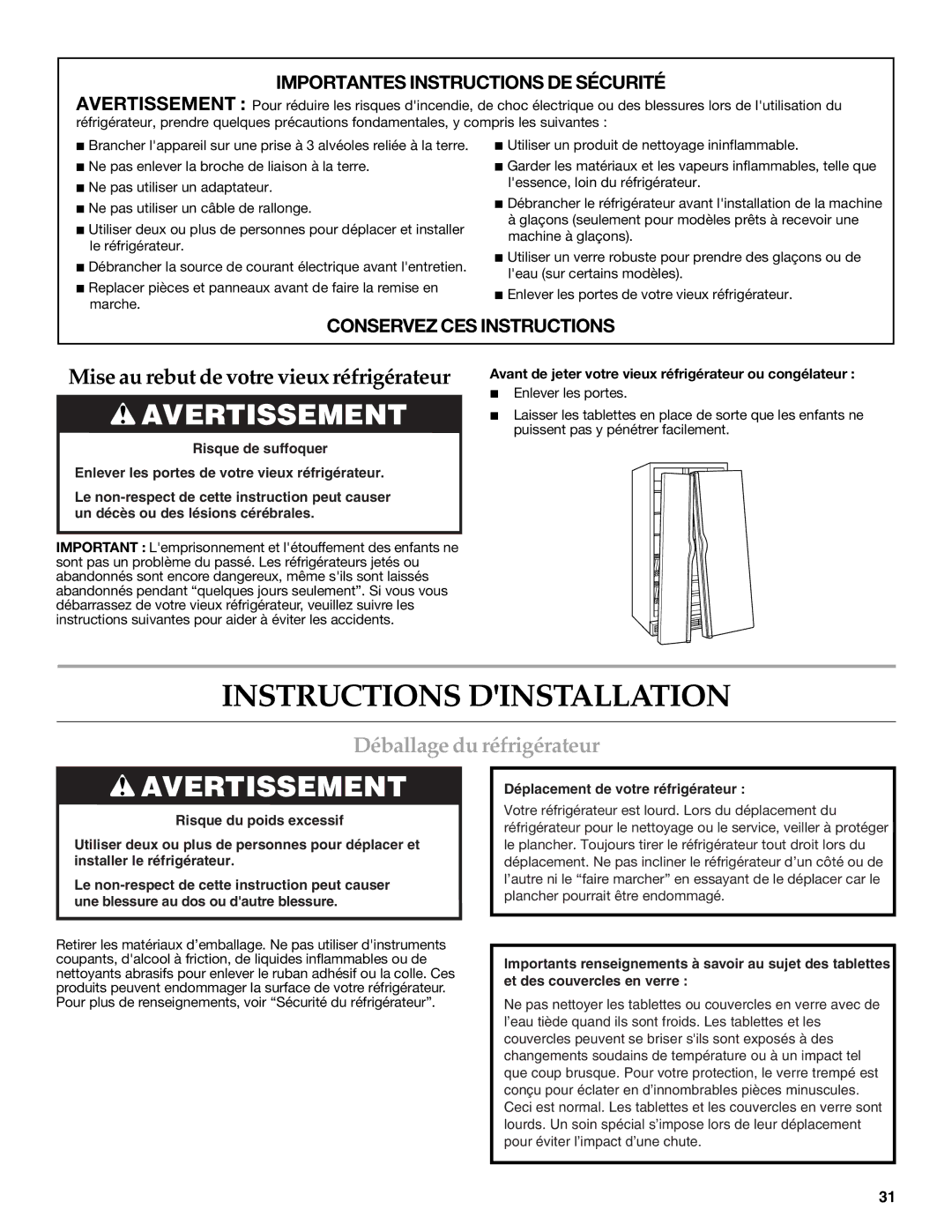 KitchenAid 2308392, KSRF25FRWH01, KSRF25FRBL00 Instructions Dinstallation, Déballage du réfrigérateur, Enlever les portes 