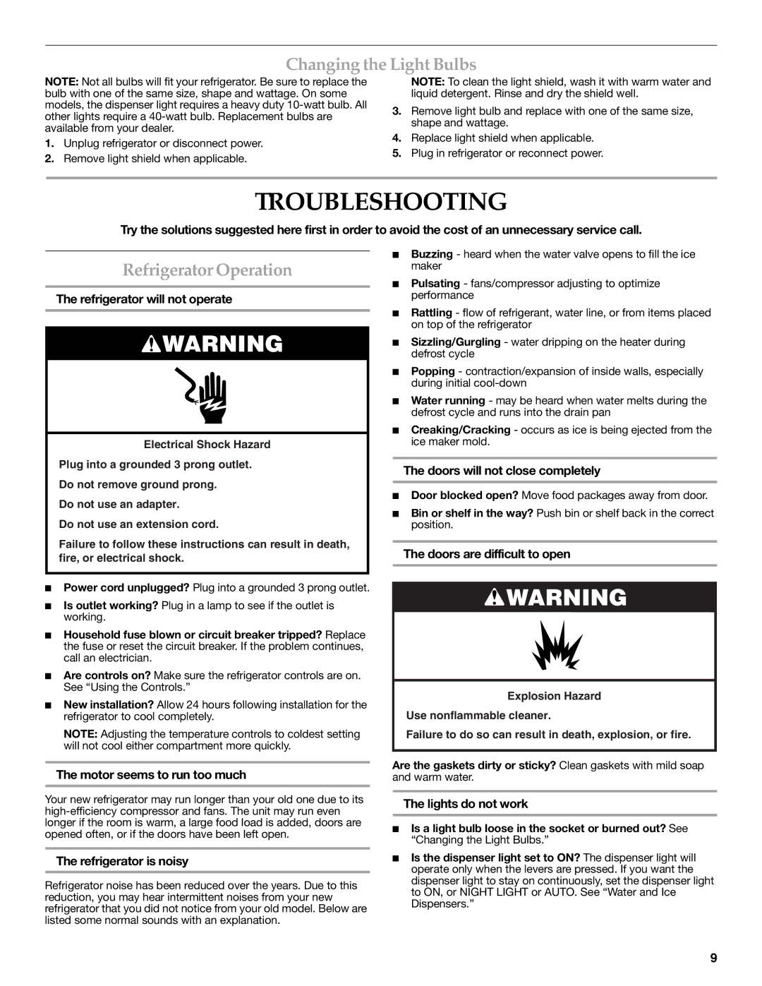 KitchenAid KSRN25FRSS00, KSRF25FRWH01, KSRF25FRBL00 Troubleshooting, Changing the Light Bulbs, Refrigerator Operation 