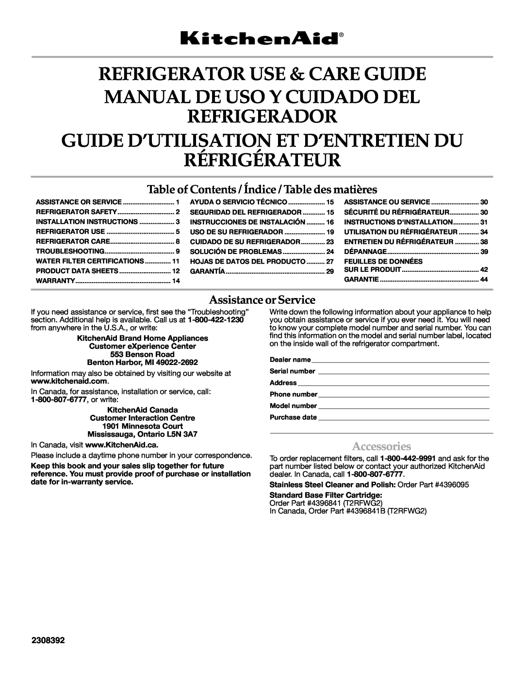 KitchenAid KSRF25FRBL00 warranty Refrigerator Use & Care Guide Manual De Uso Y Cuidado Del, Assistance or Service, 2308392 