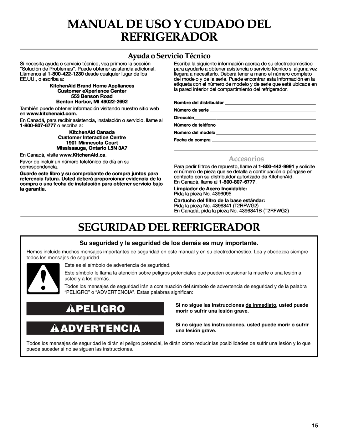 KitchenAid 2308392 Manual De Uso Y Cuidado Del Refrigerador, Seguridad Del Refrigerador, Peligro Advertencia, Accesorios 