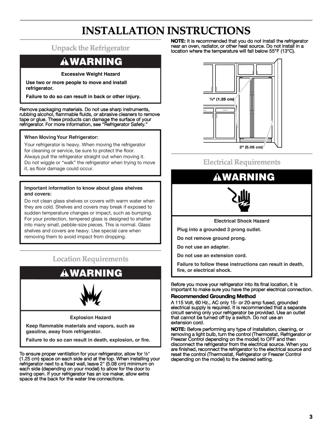 KitchenAid KSRF25FRBT01 Installation Instructions, Unpack the Refrigerator, Location Requirements, Electrical Requirements 