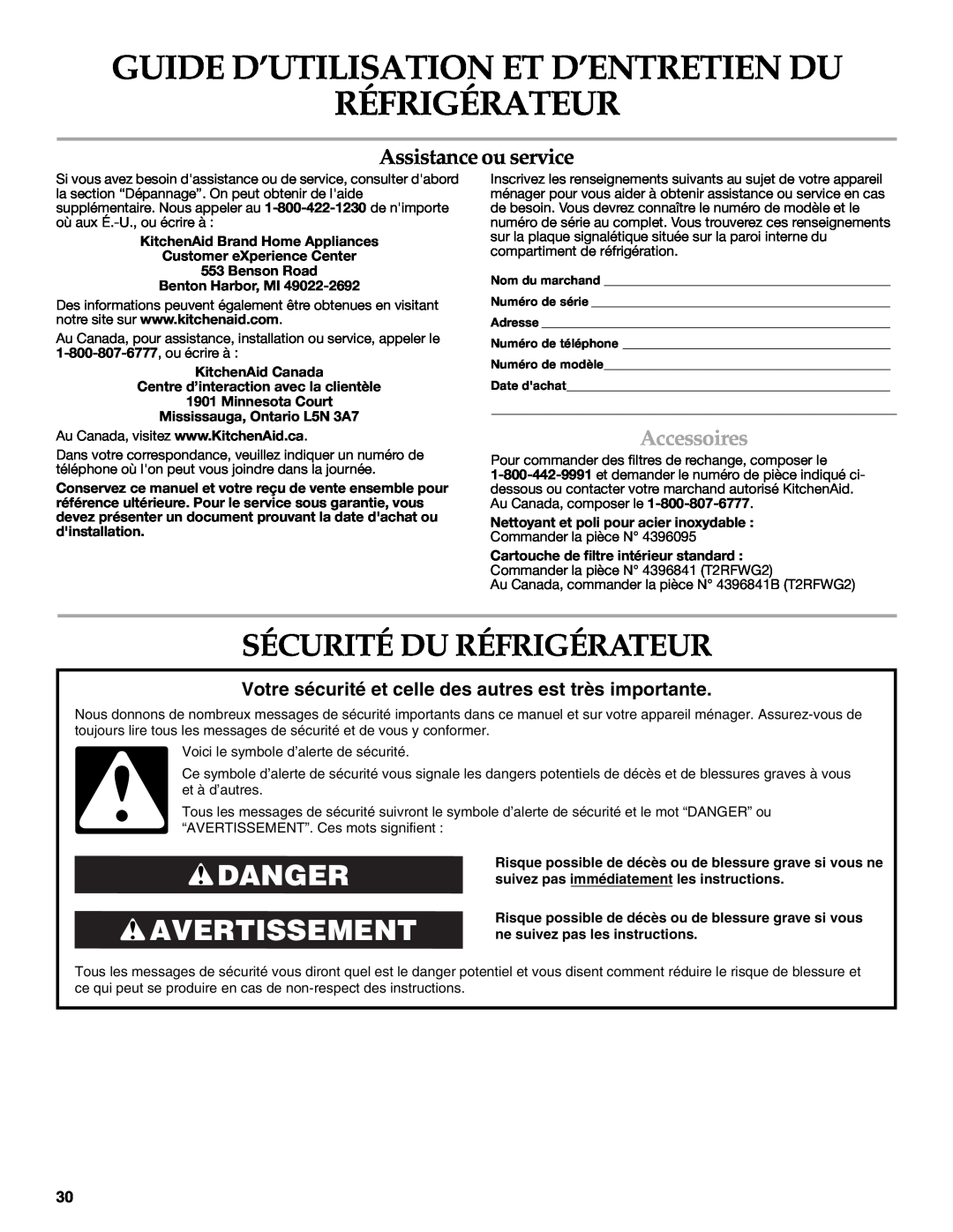 KitchenAid KSRT25CRWH00 Guide D’Utilisation Et D’Entretien Du Réfrigérateur, Sécurité Du Réfrigérateur, Accessoires 