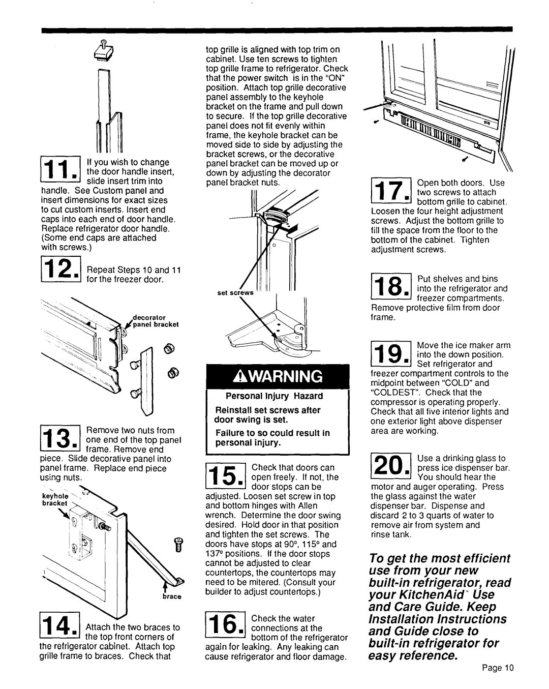 KitchenAid KSRF36DT manual Hazard, Reinstall Set screws after, Door swing, So could Result, Personal Injury 