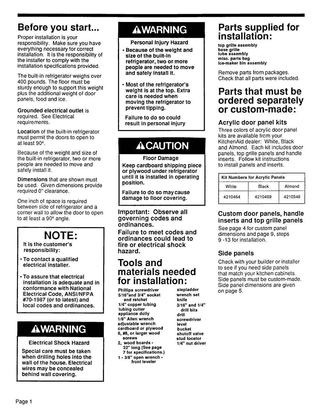 KitchenAid KSRF36DT manual Before you start, Parts supplied for installation, Tools and materials needed for installation 