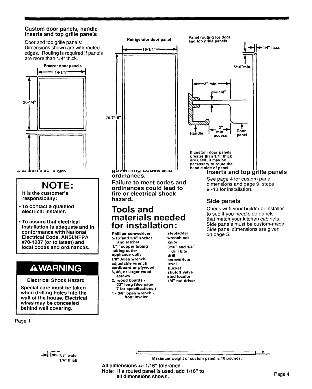 KitchenAid KSRF36DT manual Door Panels, handle Inserts and top grille panels, All dimensions +I- l/16 tolerance 