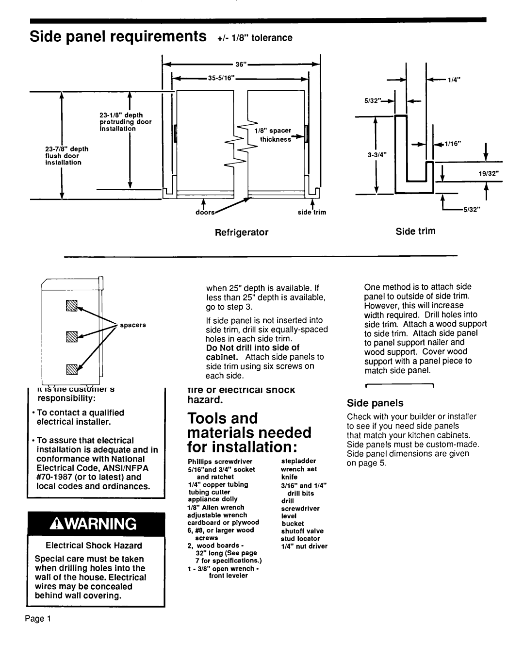 KitchenAid KSRF36DT manual Side panel requirements +I- l/8 tolerance, Refrigerator, Side trim 